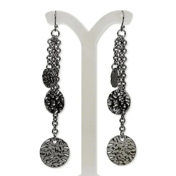 Gunmetal Grey Black Textured Charms and Chain Long Dangly Earrings - Picture 1 of 1